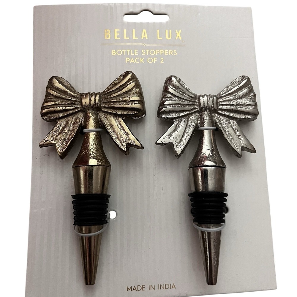 Bella Lux Bottle Stoppers Gold‎ & Silver Bows 2 Pack Wine Bottle Stoppers
